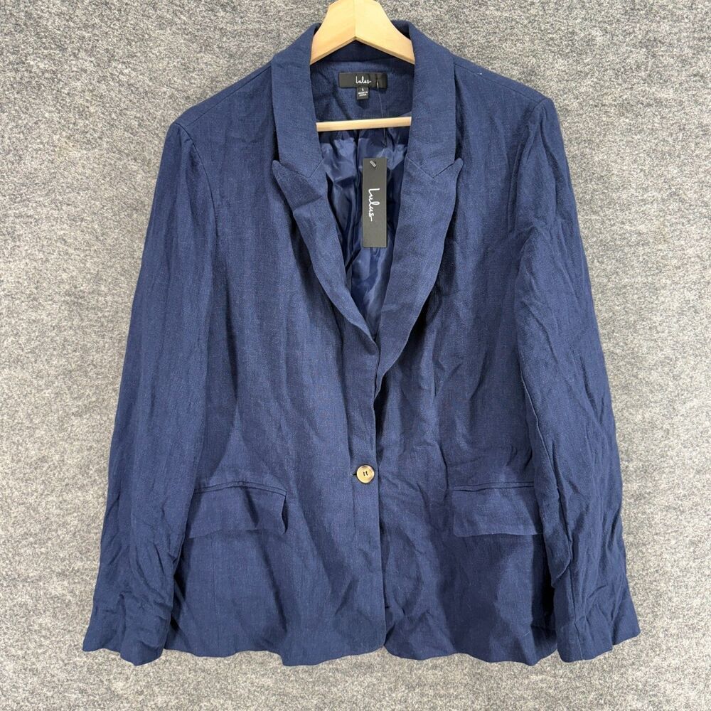 New Lulus Blazer Women L Large Blue One Button Collared Long Sleeve Linen Lined